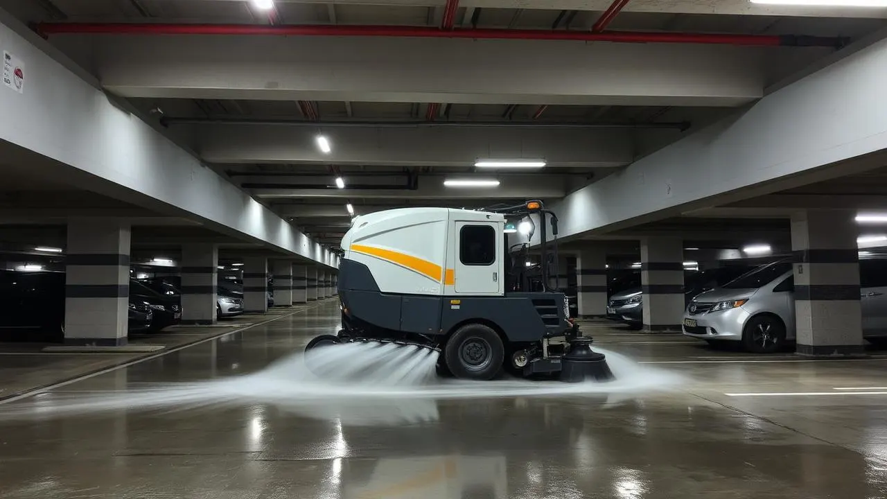 Nettoyage d'un parking souterrain : balayage mécanisé et hydrocarbures